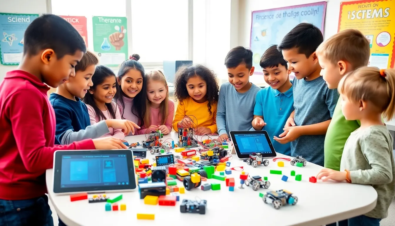children collaborating on a STEM project in a bright classroom.