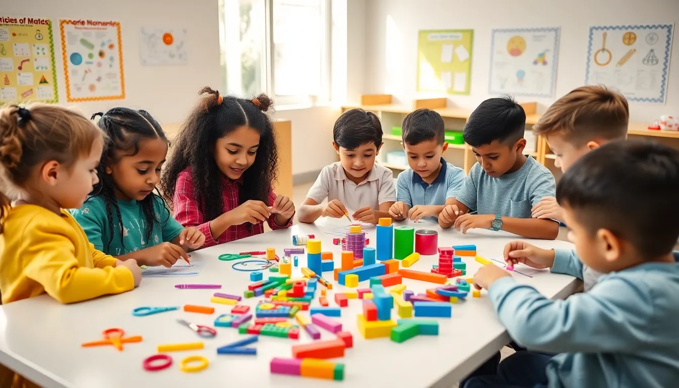 children collaborating on STEM crafts in a vibrant classroom.