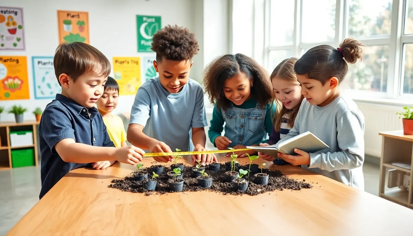 children engaging in a hands-on STEM gardening project in a classroom.