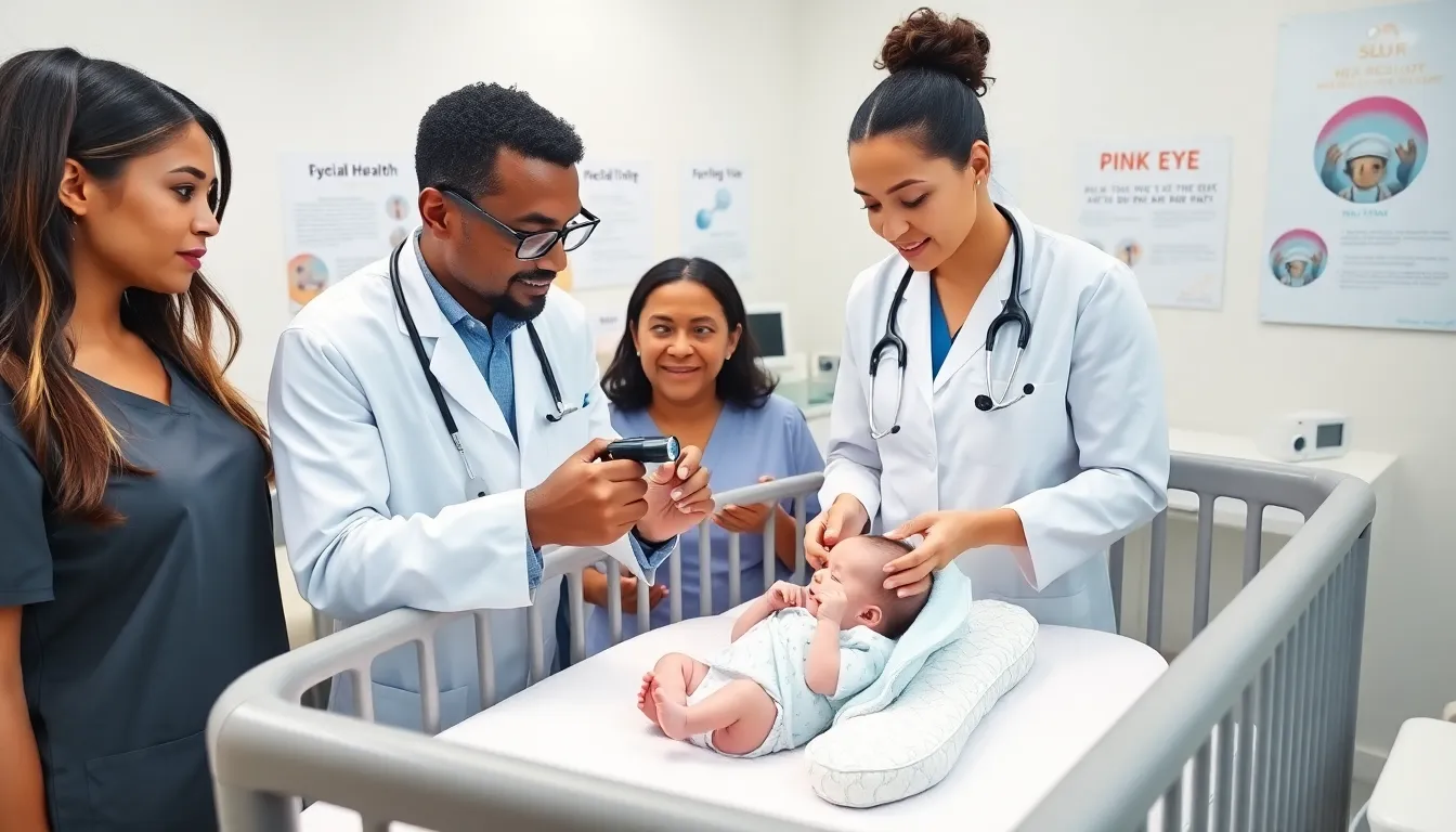 Healthcare professionals examining a newborn's eyes for pink eye.