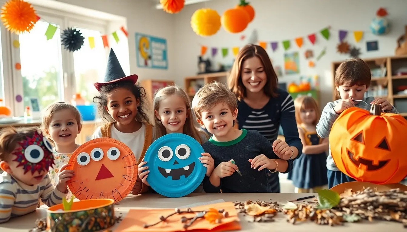 children crafting Halloween decorations in a bright preschool classroom.