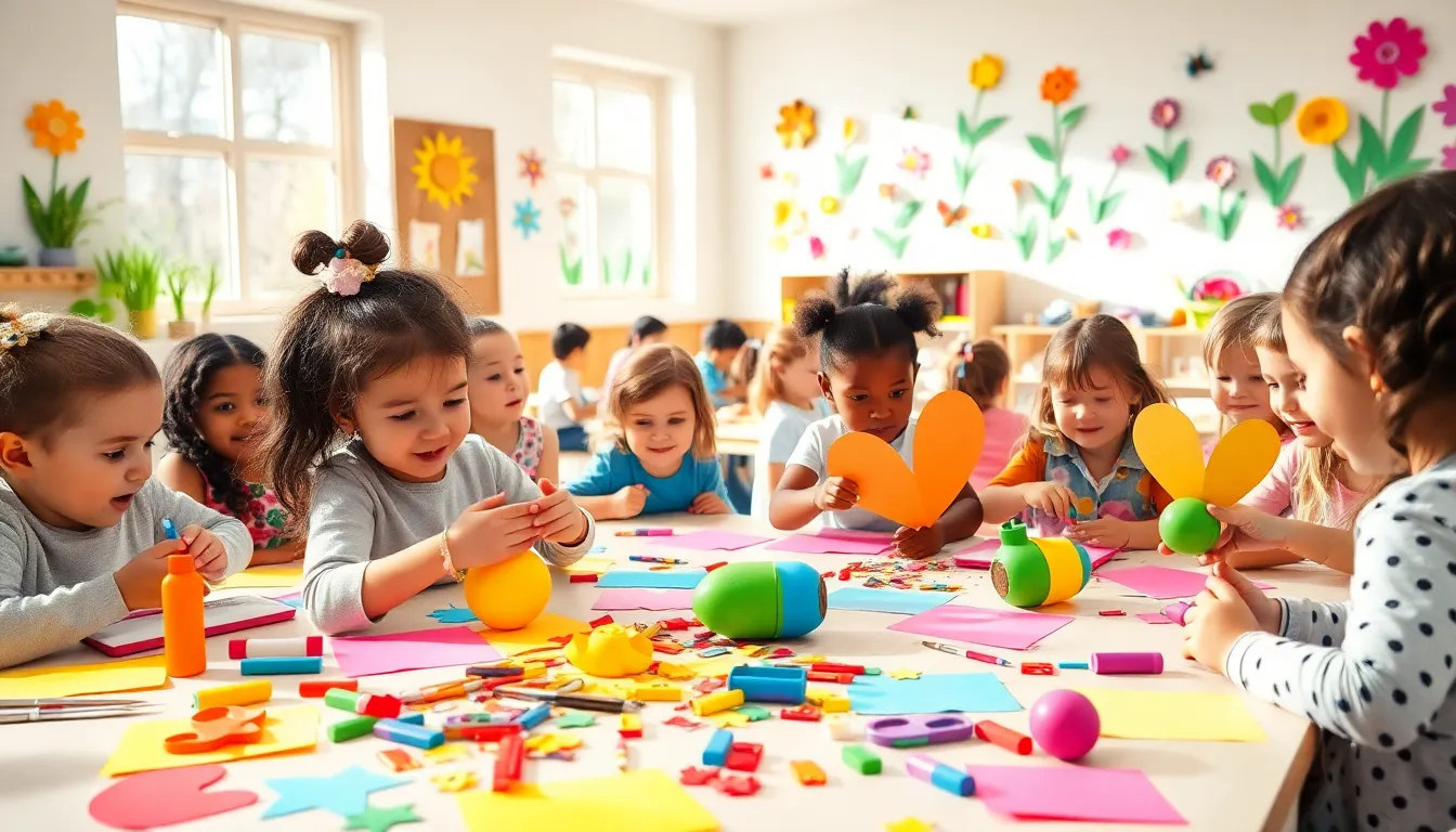 diverse preschool children engaged in spring crafts in a vibrant classroom.