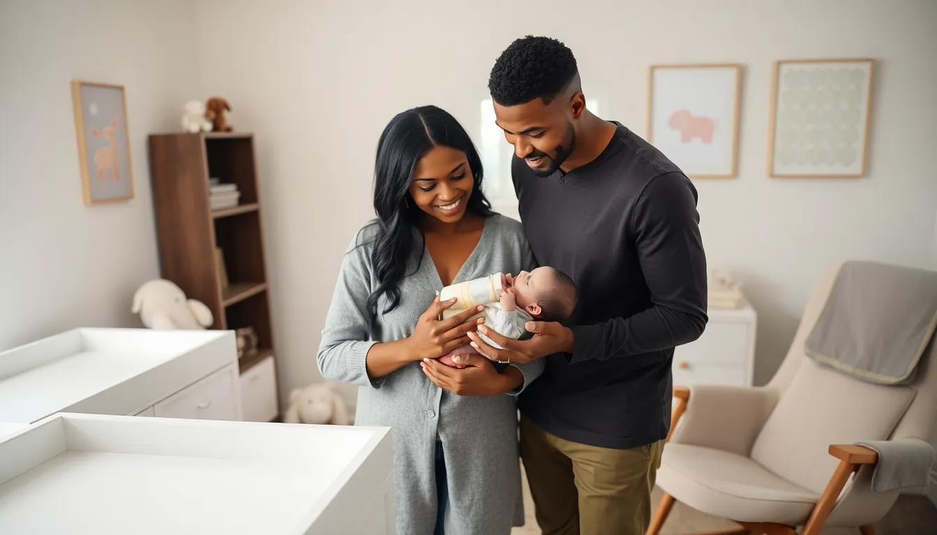 diverse parents feeding their newborn in a cozy nursery.
